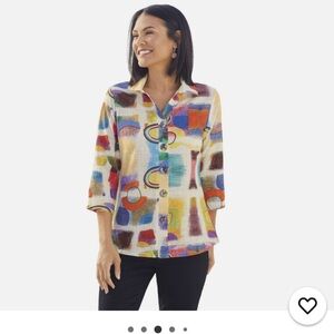 Parsley & Sage Button Front‎ 3/4 Sleeve Top Abstract Art to Wear Wearable Art S